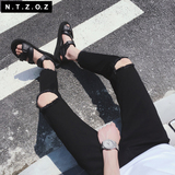 NTZOZ原创设计   夏装纯黑修身款男士九分牛仔裤破洞乞丐裤潮