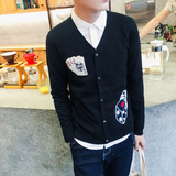 秋季韩版修身时尚印花开衫薄款毛衣男士大码青少年休闲针织衫外套