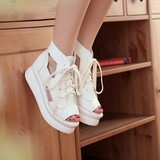 2016新款韩版夏季公主学生凉鞋女鞋子坡跟厚底松糕底系带罗马白色