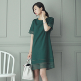 夏季专柜优质新品韩国亚麻中长款A型宽松绿色连衣裙蕾丝棉麻A字版