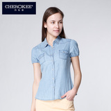 CHEROKEE/巧乐奇牛仔衬衫女短袖夏装舒适经典短袖纯棉衬衫628148