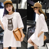 2016夏装新款韩版口袋卡通体恤大码宽松中长款白色短袖t恤女纯棉