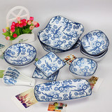 景德镇青花瓷日式陶瓷器餐具15头套装 米饭碗鱼盘味碟勺外贸礼盒