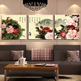 超值中式花卉数字油画三拼三联画富贵水墨牡丹大幅DIY手绘中国风