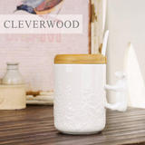 巧的木陶瓷带盖水杯马克杯牛奶早餐杯陶瓷杯创意浮雕有盖咖啡杯