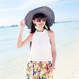 夏季白色雪纺衫海边度假女士背心上衣休闲圆领轻薄波西米亚沙滩衣