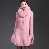 2015秋冬季大码女装中长款狐狸大毛领羊毛呢子外套中老年羊绒大衣