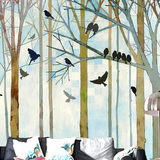 艺术抽象卧室墙纸 客厅电视背景墙壁纸 北欧森林鸟大型壁画墙布