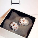 2016韩国代购时尚韩版流行小邹菊花朵珍珠两用双面前后款耳钉耳环