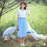韩国夏季少女学生长裙学院风小清新中长款雪纺气质宽松显瘦连衣裙