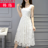 韩伟2016夏季新款韩版修身无袖花朵蕾丝连衣裙中长款白色仙女裙夏