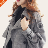 2015秋季新款女装 韩版双排扣中长款呢子大衣大码格子风衣外套女