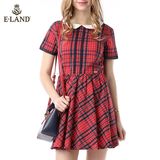 ELAND韩国衣恋新品红格纹短袖连衣裙EEOW52302A专柜正品