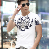 夏天韩版男生中年热天潮流紧身短袖t恤老虎图案半袖个性炫酷体桖