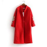 冬季新款中国风重工刺绣毛呢大衣中长款大红修身民族风立领外套