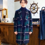 冬装韩版男士中长款毛呢大衣休闲格子修身型双排扣羊绒呢子外套潮