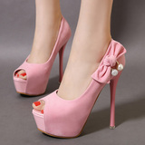 春夏新款甜美粉色公主鞋超高跟防水台单鞋鱼嘴细跟女鞋浅口高跟鞋
