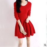 2016春装女式显瘦气质款蓬蓬裙加厚中长款针织衫羊毛红色连衣裙