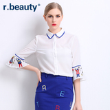 r．beauty2016新款女装OL气质七分喇叭袖雪纺大码白衬衫r16A8213