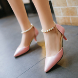 春夏3-5厘米裸粉色中跟细跟女鞋串珠尖头甜美浅口高跟鞋伴娘凉鞋