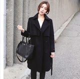 2015秋冬新款韩国修身纯色毛呢外套中长款收腰系带羊绒呢子大衣女