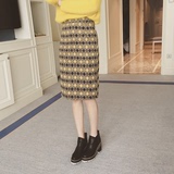 2016春装韩国新款通勤OL清新黄色格子毛呢子高腰包臀显瘦半身中裙