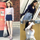 2016夏季新款露脐装韩国百搭纯色长袖T恤女修身显瘦学生短款上衣
