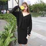 韩国秋季新款 时尚休闲宽松大码性感低V领毛衣长裙两件套装女潮