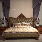 欧式卧室新法式双人床头层真皮床实木框架纯手工雕花古典卧室床
