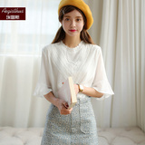 2016夏季韩版荷叶袖提花白色雪纺衬衫女小清新款五分袖甜美上衣