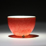 景德镇陶瓷 全手工粉彩扒花花釉茶杯 品茗杯  大红色精品功夫茶具