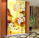 中式浮雕3D大型壁画金色荷花莲叶客厅玄关过道走廊壁纸竖版墙布