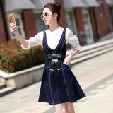 韩版夏季显瘦蕾丝牛仔背带裙短裙套装女名媛a字修身两件套连衣裙