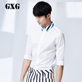 GXG男装 男士时尚海军蓝条纹领七分袖中袖衬衫#52223365
