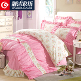 韩版式四件套1.5m床品纯棉公主风花边粉色1.8米被套加厚全棉秋冬