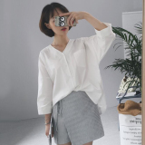 韩版2016夏季女装新款V领宽松蝙蝠七分袖白色衬衫女夏学生衬衣服