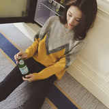 2015秋装新款韩版圆领亮丝拼色长袖套头针织衫宽松打底毛衣上衣女