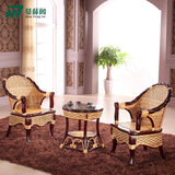 欧式藤椅子茶几三件套阳台休闲桌椅组合 美式天然真藤编家具