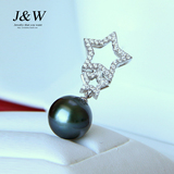 JW珠宝 海星12-13mm超大精圆天然大溪地黑珍珠吊坠项链18K金钻石