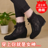 老北京布鞋女 春季新款潮流性感蕾丝女短靴舒适内增高连跟时装靴