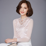 2016春装新款韩版修身女大码蕾丝网纱打底衫上衣显瘦百搭长袖小衫