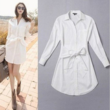 2016新韩版女装修身显瘦蝴蝶结长袖棉衬衣裙睡衣中长款白色衬衫女
