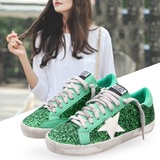 专柜代购韩版平底运动板鞋做旧星星鞋潮系带真皮绿色亮片休闲鞋女
