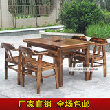 火锅桌碳化防腐木桌椅组合实木餐桌餐椅方桌电磁炉烧烤桌椅庭院