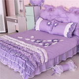 韩版婚庆蕾丝四件套紫色全棉荷叶边床裙式1.5m米1.8m全棉双人被套