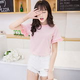 夏季新款韩版小清新宽松粉色细条纹喇叭袖t恤女百搭显瘦短袖潮