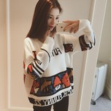 2016秋冬季新款女装外套韩国卡通图案宽松中长款套头毛衣打底衫