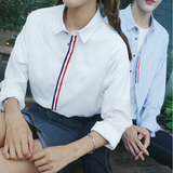 情侣装秋装2016最新款纯色情侣衬衫牛津纺长袖白色衬衣红白蓝织带