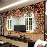 复古蔷薇蝴蝶窗户定制壁画客厅沙发3d立体电视背景墙纸 欧式壁纸
