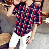 夏季日系格子短袖t恤男士宽松加大码v领半袖韩版青年潮流胖子男装